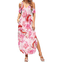 Pink Palaka Hawaii Aloha Family Matching Summer Maxi Dress and Hawaiian Shirt Koi Pond Mix Sakura LT7 Pink - Polynesian Pride