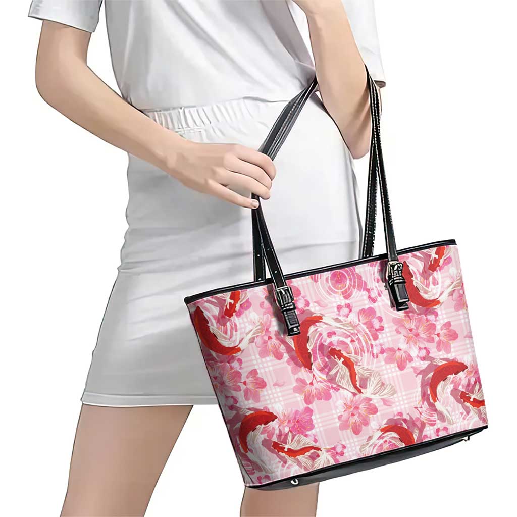 Pink Palaka Hawaii Aloha Leather Tote Bag Koi Pond Mix Sakura - Polynesian Pride