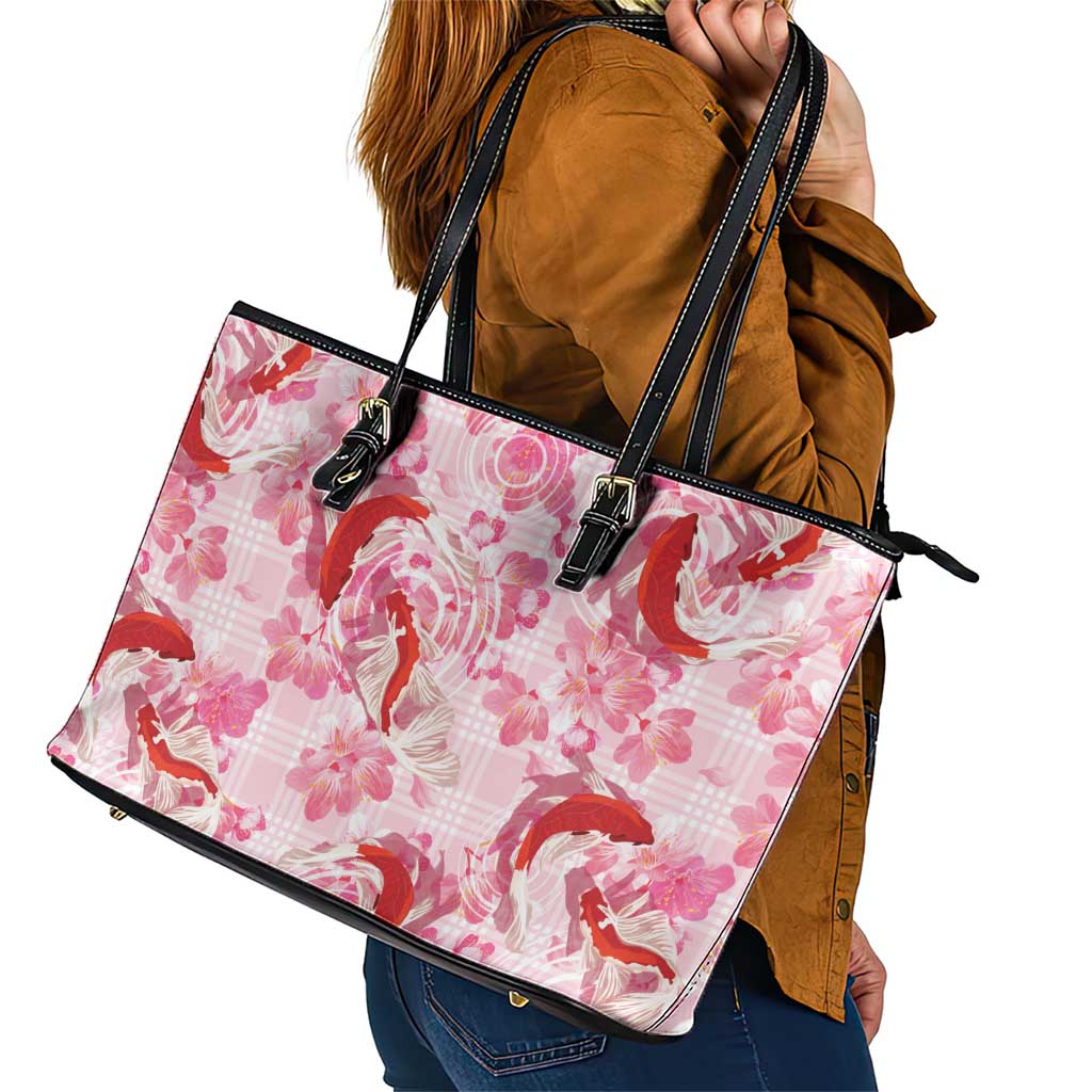 Pink Palaka Hawaii Aloha Leather Tote Bag Koi Pond Mix Sakura - Polynesian Pride