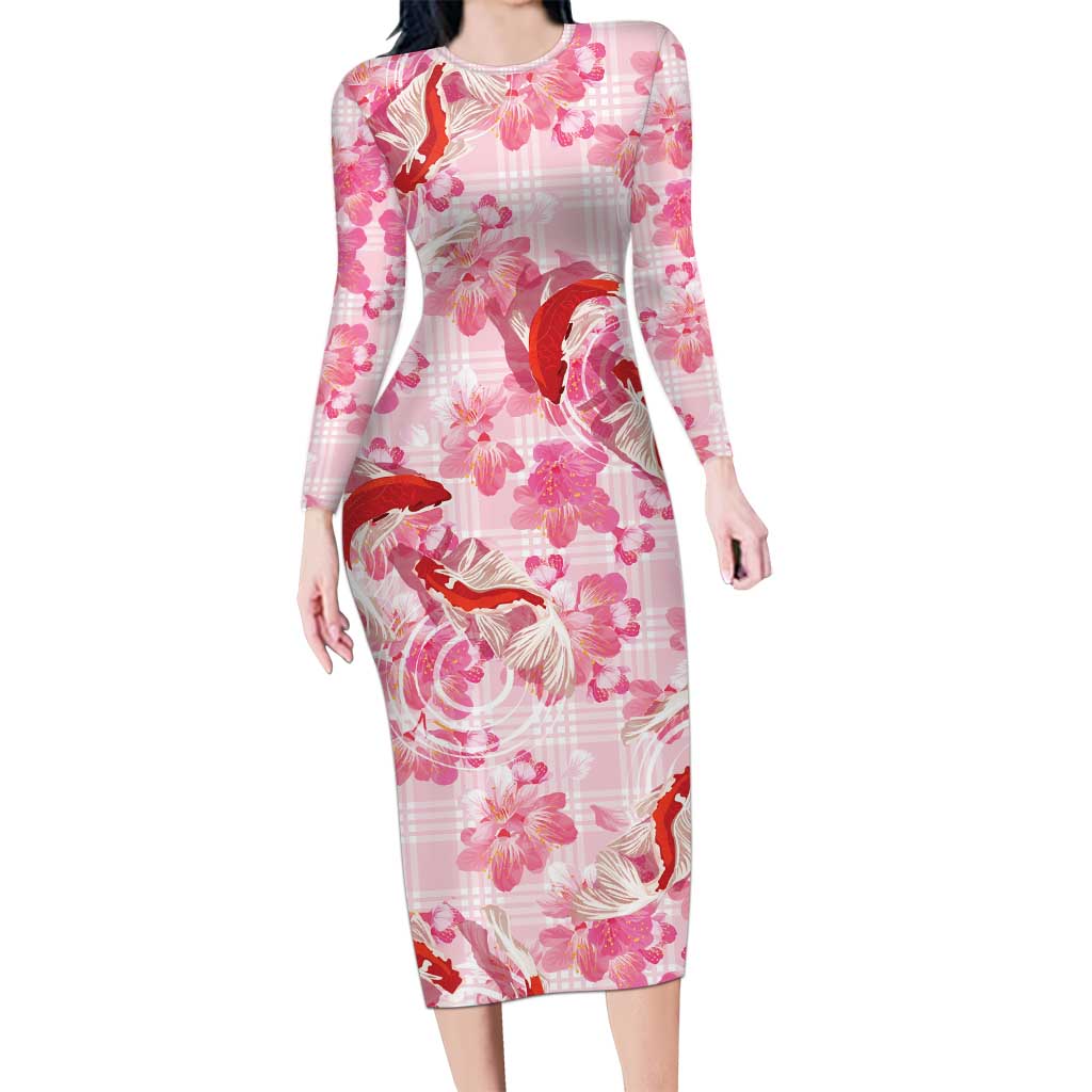 Pink Palaka Hawaii Aloha Long Sleeve Bodycon Dress Koi Pond Mix Sakura - Polynesian Pride