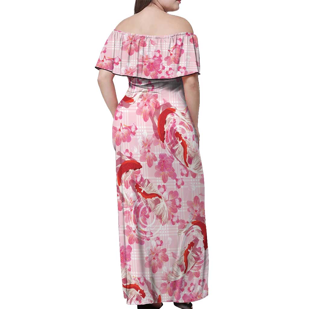 Pink Palaka Hawaii Aloha Off Shoulder Maxi Dress Koi Pond Mix Sakura LT7 - Polynesian Pride