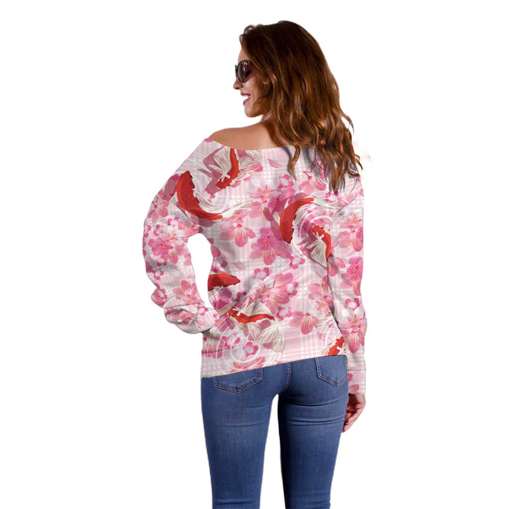 Pink Palaka Hawaii Aloha Off Shoulder Sweater Koi Pond Mix Sakura - Polynesian Pride