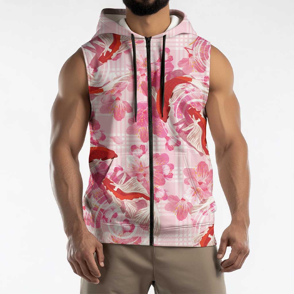 Pink Palaka Hawaii Aloha Sleeveless Zip Hoodie Koi Pond Mix Sakura - Polynesian Pride