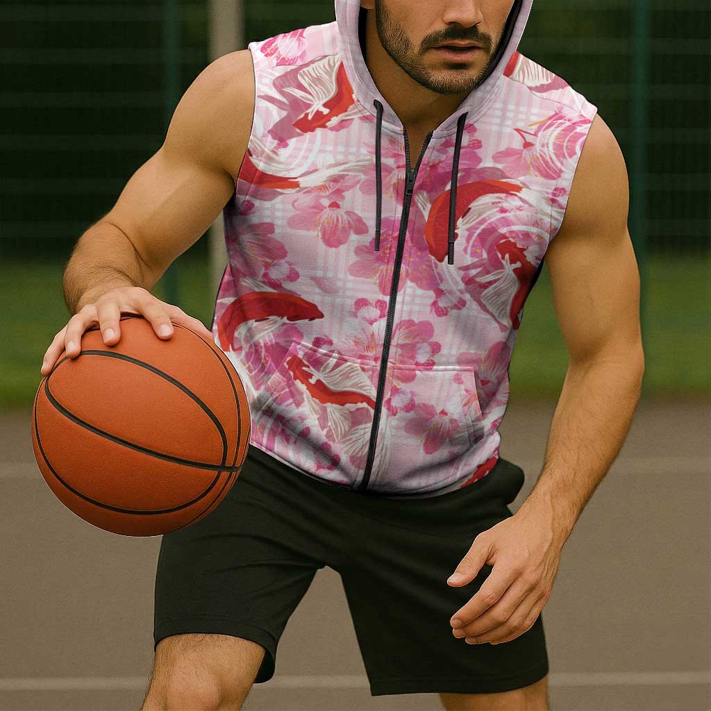 Pink Palaka Hawaii Aloha Sleeveless Zip Hoodie Koi Pond Mix Sakura - Polynesian Pride
