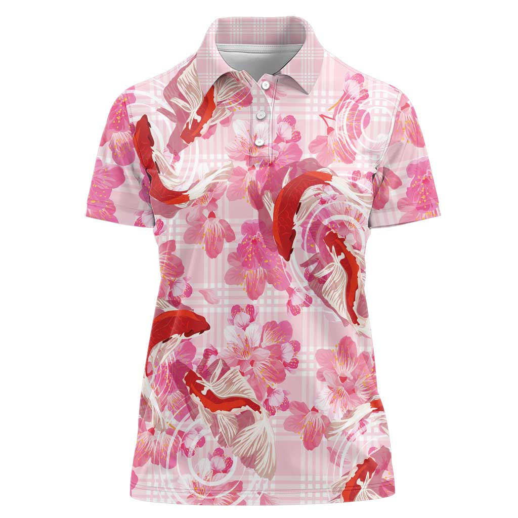 Pink Palaka Hawaii Aloha Women Polo Shirt Koi Pond Mix Sakura - Polynesian Pride