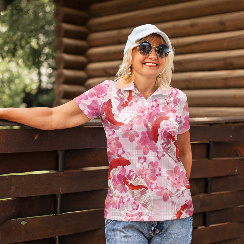 Pink Palaka Hawaii Aloha Women Polo Shirt Koi Pond Mix Sakura - Polynesian Pride