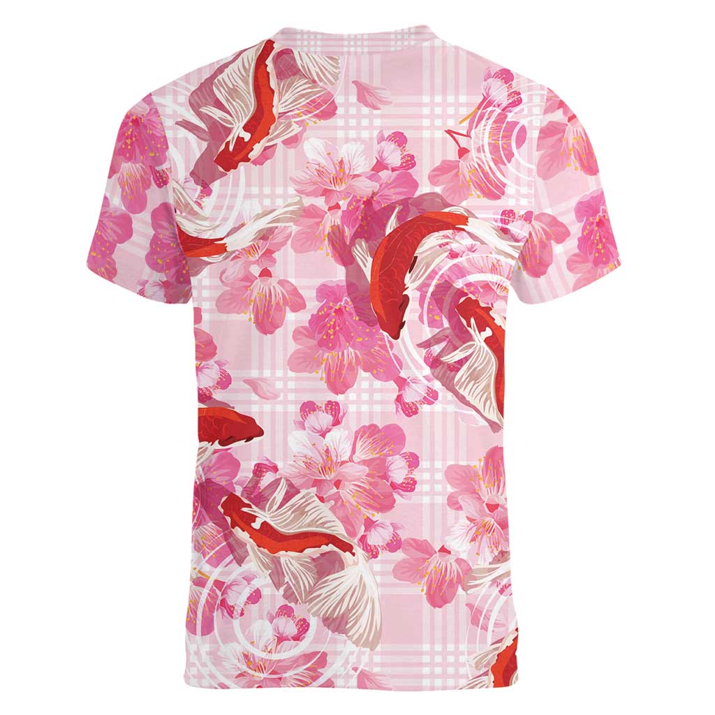Pink Palaka Hawaii Aloha Women V-Neck T-Shirt Koi Pond Mix Sakura - Polynesian Pride