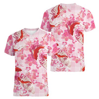 Pink Palaka Hawaii Aloha Women V-Neck T-Shirt Koi Pond Mix Sakura - Polynesian Pride