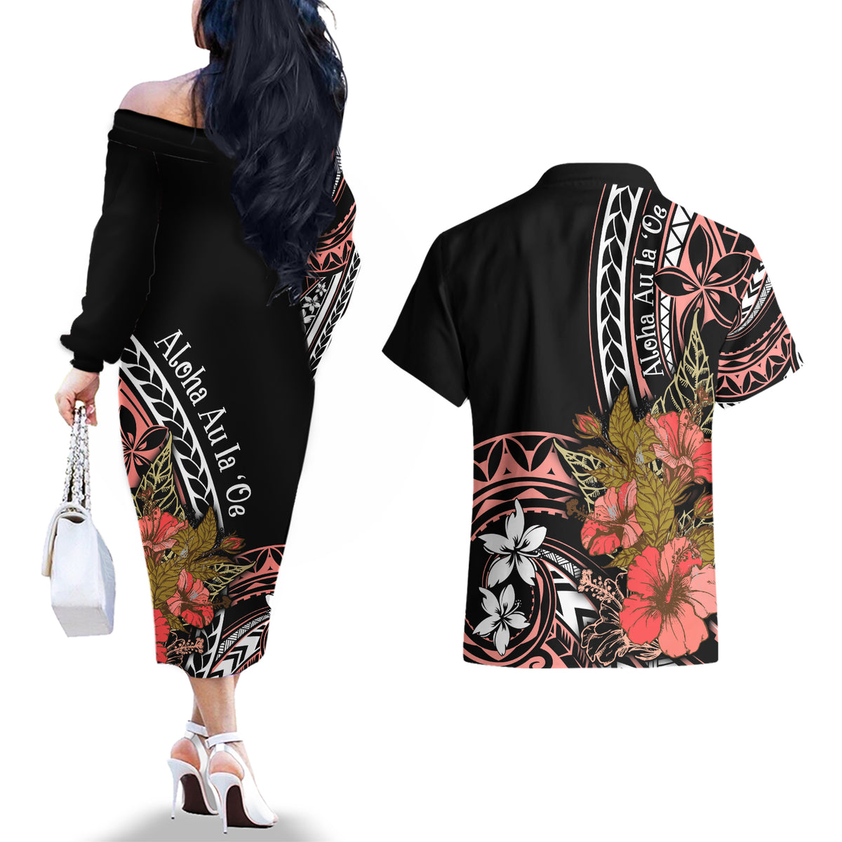 Hawaii Valentine Couples Matching Off The Shoulder Long Sleeve Dress and Hawaiian Shirt Plumeria Aloha Wau Ia Oe LT7 - Polynesian Pride