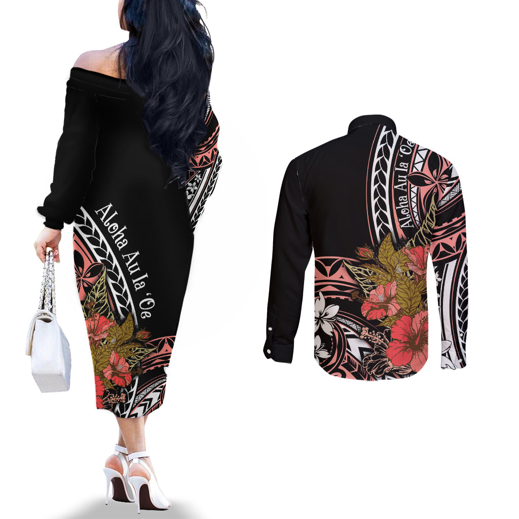 Hawaii Valentine Couples Matching Off The Shoulder Long Sleeve Dress and Long Sleeve Button Shirt Plumeria Aloha Wau Ia Oe LT7 - Polynesian Pride