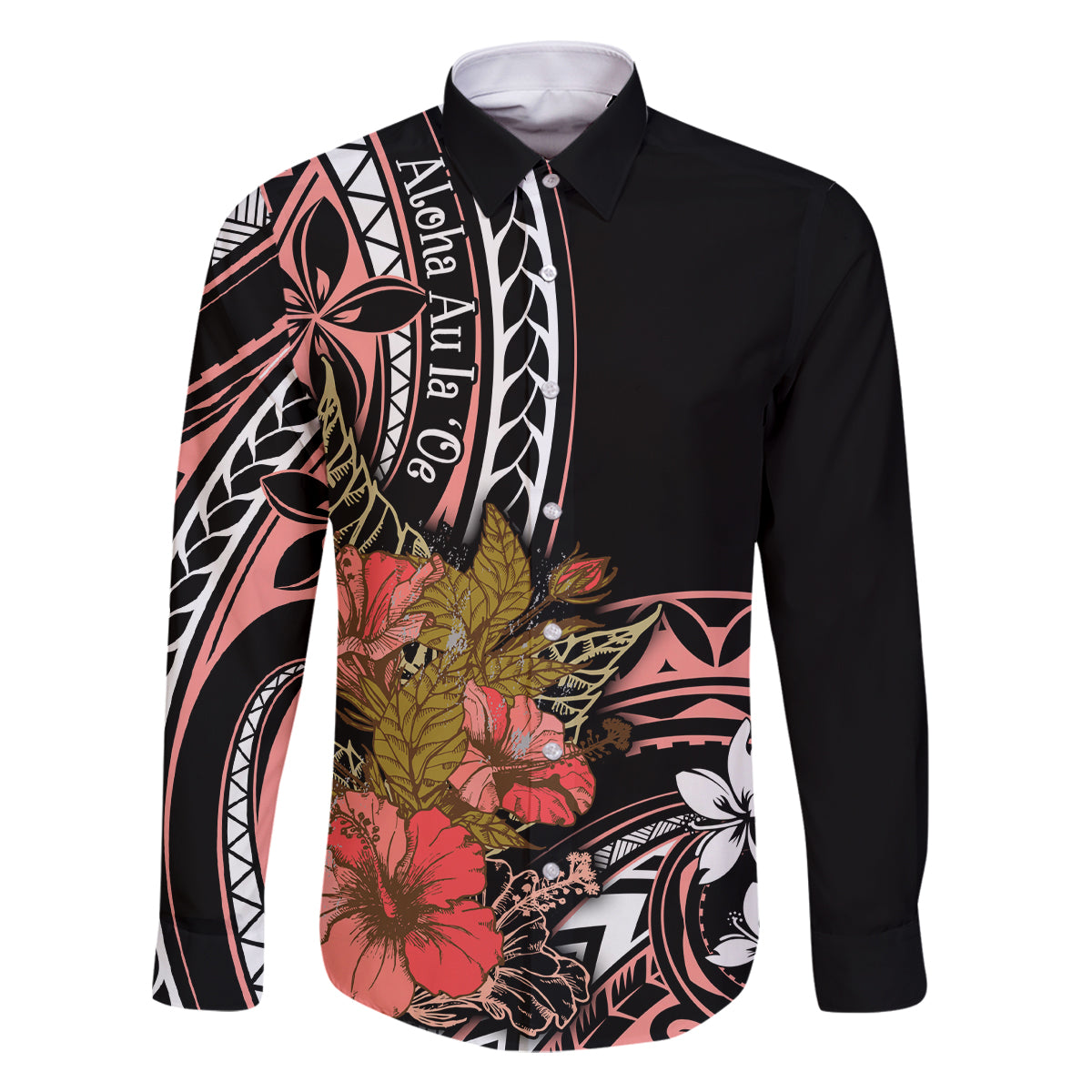 Hawaii Valentine Family Matching Off Shoulder Maxi Dress and Hawaiian Shirt Plumeria Aloha Wau Ia Oe LT7 Dad's Shirt - Long Sleeve Pink - Polynesian Pride
