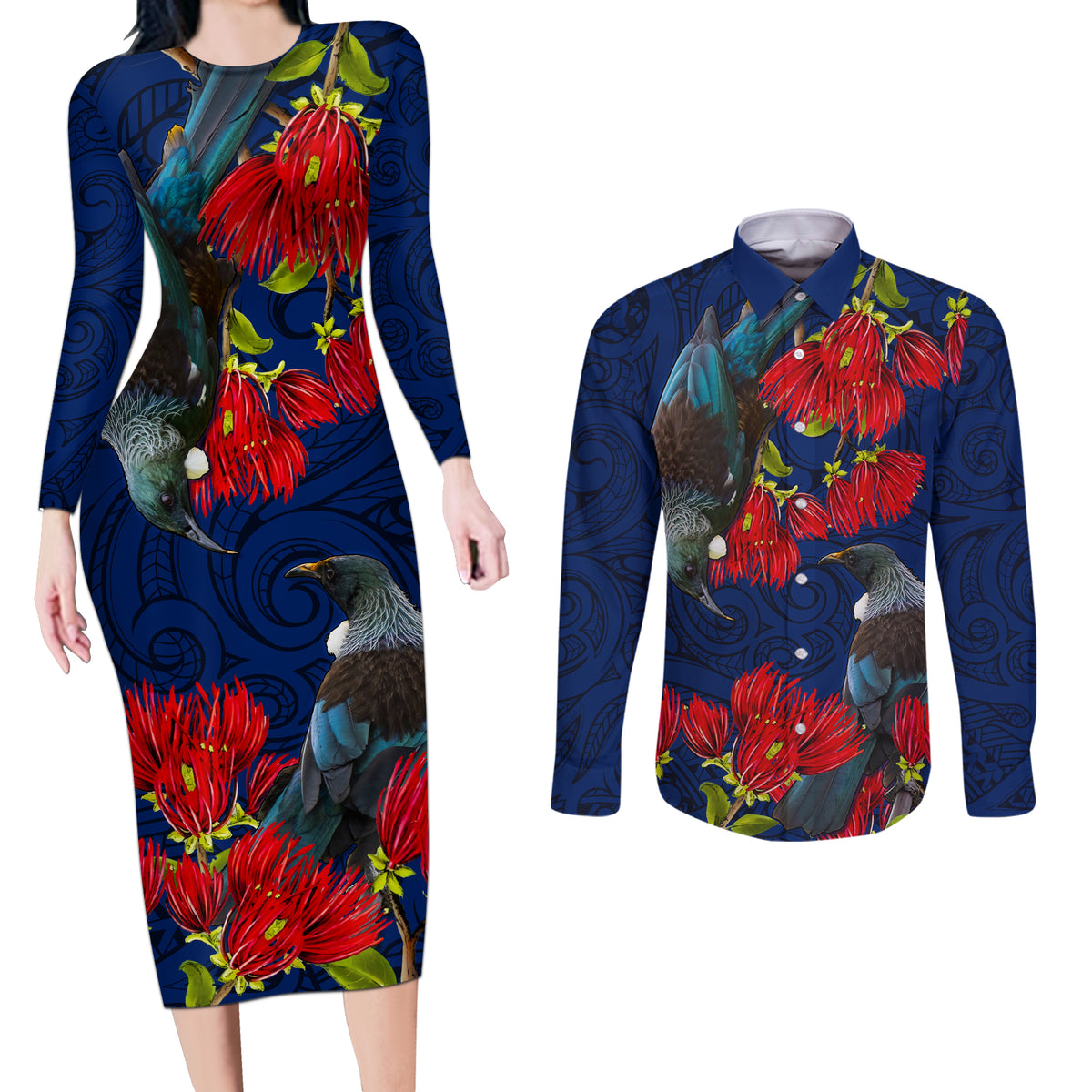 New Zealand Couples Matching Long Sleeve Bodycon Dress and Long Sleeve Button Shirt Tui Couple with Pohutukawa LT7 Blue - Polynesian Pride