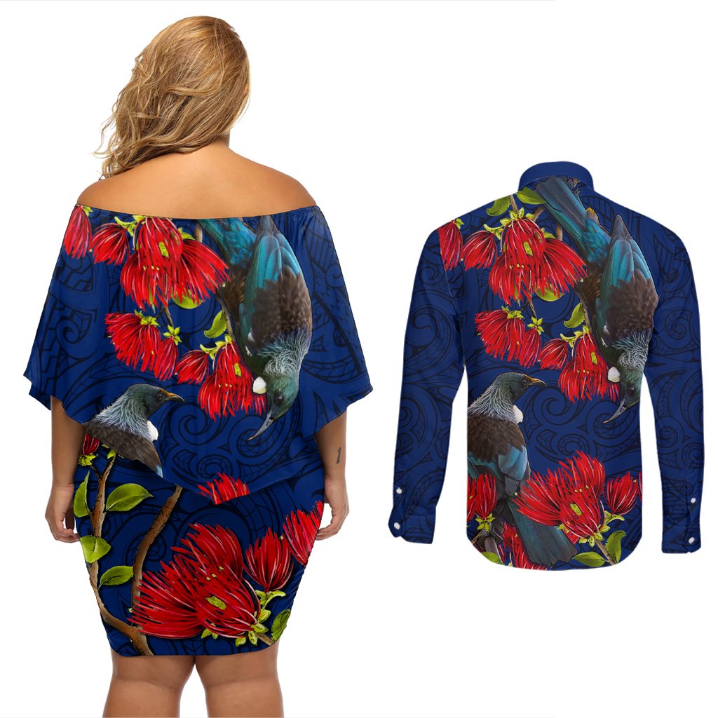 New Zealand Couples Matching Off Shoulder Short Dress and Long Sleeve Button Shirt Tui Couple with Pohutukawa LT7 - Polynesian Pride