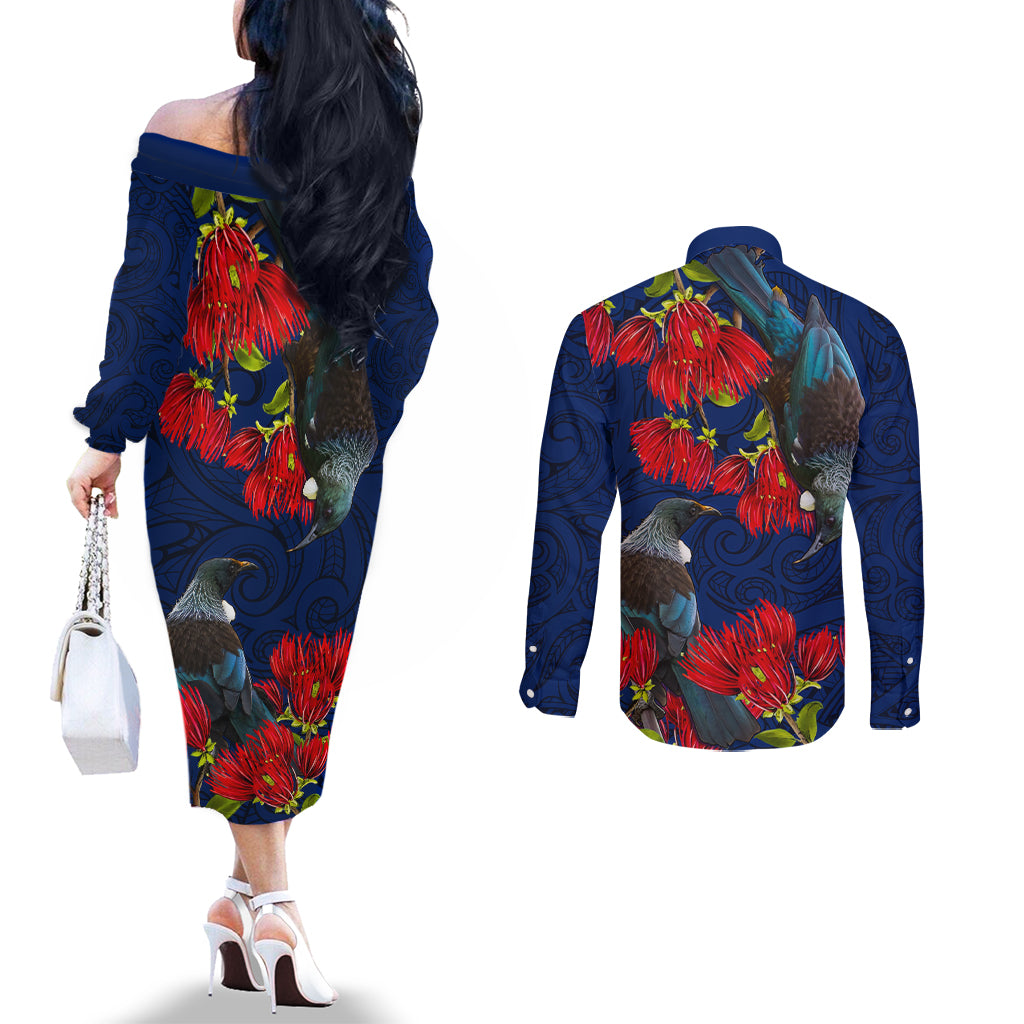New Zealand Couples Matching Off The Shoulder Long Sleeve Dress and Long Sleeve Button Shirt Tui Couple with Pohutukawa LT7 - Polynesian Pride