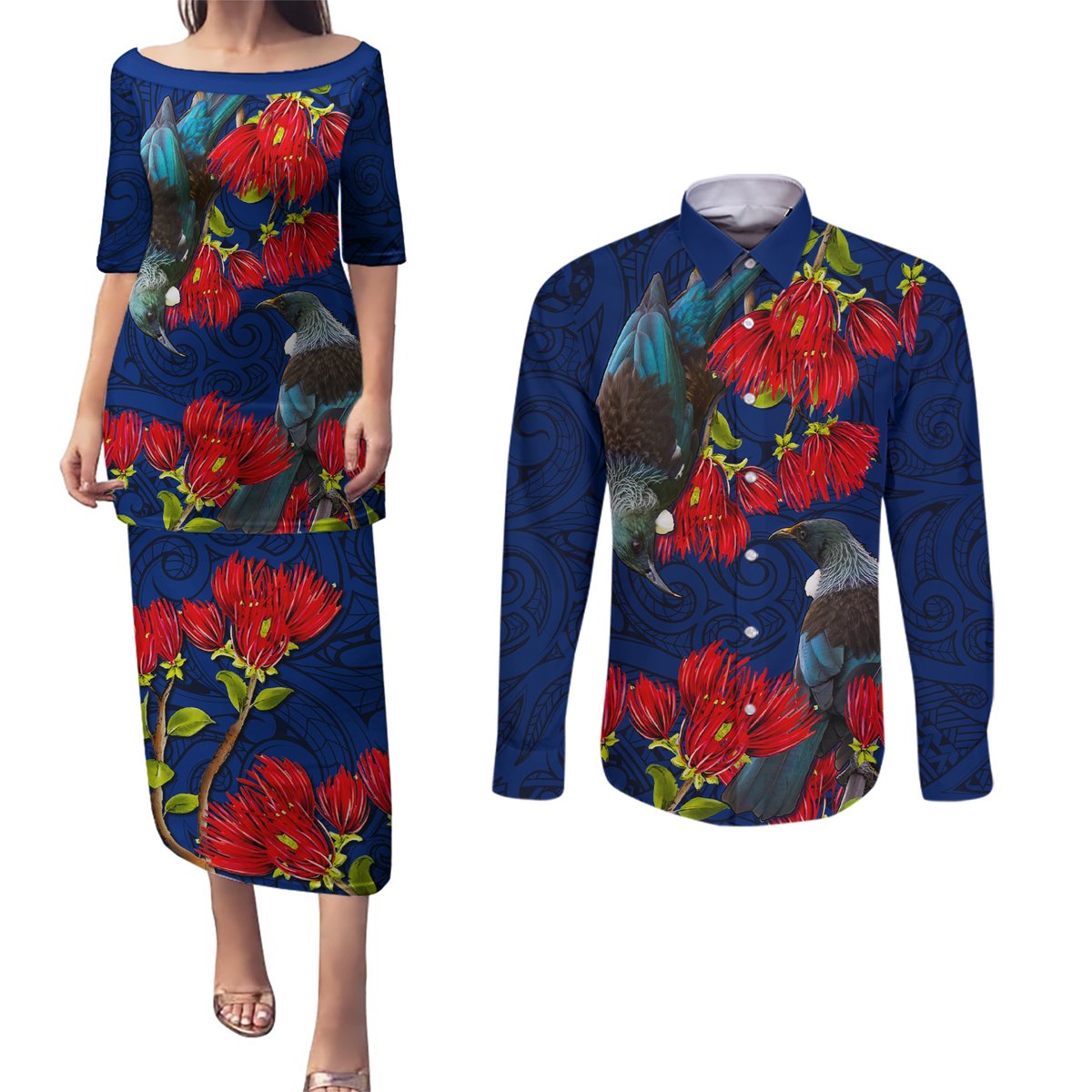 New Zealand Couples Matching Puletasi and Long Sleeve Button Shirt Tui Couple with Pohutukawa LT7 Blue - Polynesian Pride