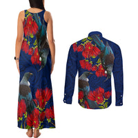 New Zealand Couples Matching Tank Maxi Dress and Long Sleeve Button Shirt Tui Couple with Pohutukawa LT7 - Polynesian Pride