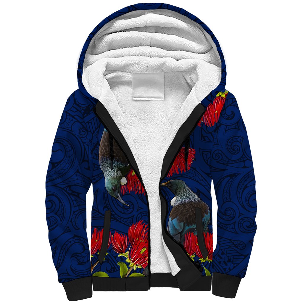 New Zealand Sherpa Hoodie Tui Couple with Pohutukawa LT7 Unisex Blue - Polynesian Pride