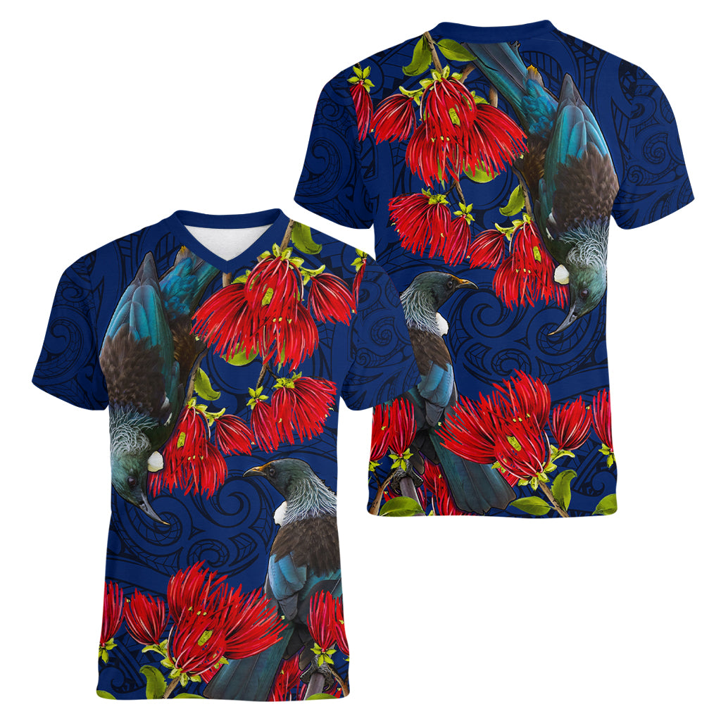 New Zealand Women V Neck T Shirt Tui Couple with Pohutukawa LT7 - Polynesian Pride