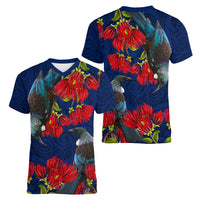 New Zealand Women V Neck T Shirt Tui Couple with Pohutukawa LT7 - Polynesian Pride