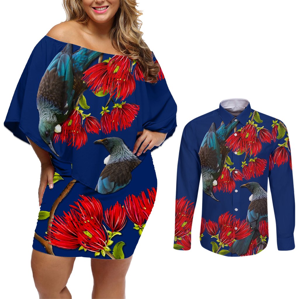 New Zealand Pohutukawa with Tui Birds Couples Matching Off Shoulder Short Dress and Long Sleeve Button Shirt Version 2 LT7 Blue - Polynesian Pride