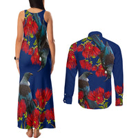 New Zealand Pohutukawa with Tui Birds Couples Matching Tank Maxi Dress and Long Sleeve Button Shirt Version 2 LT7 - Polynesian Pride