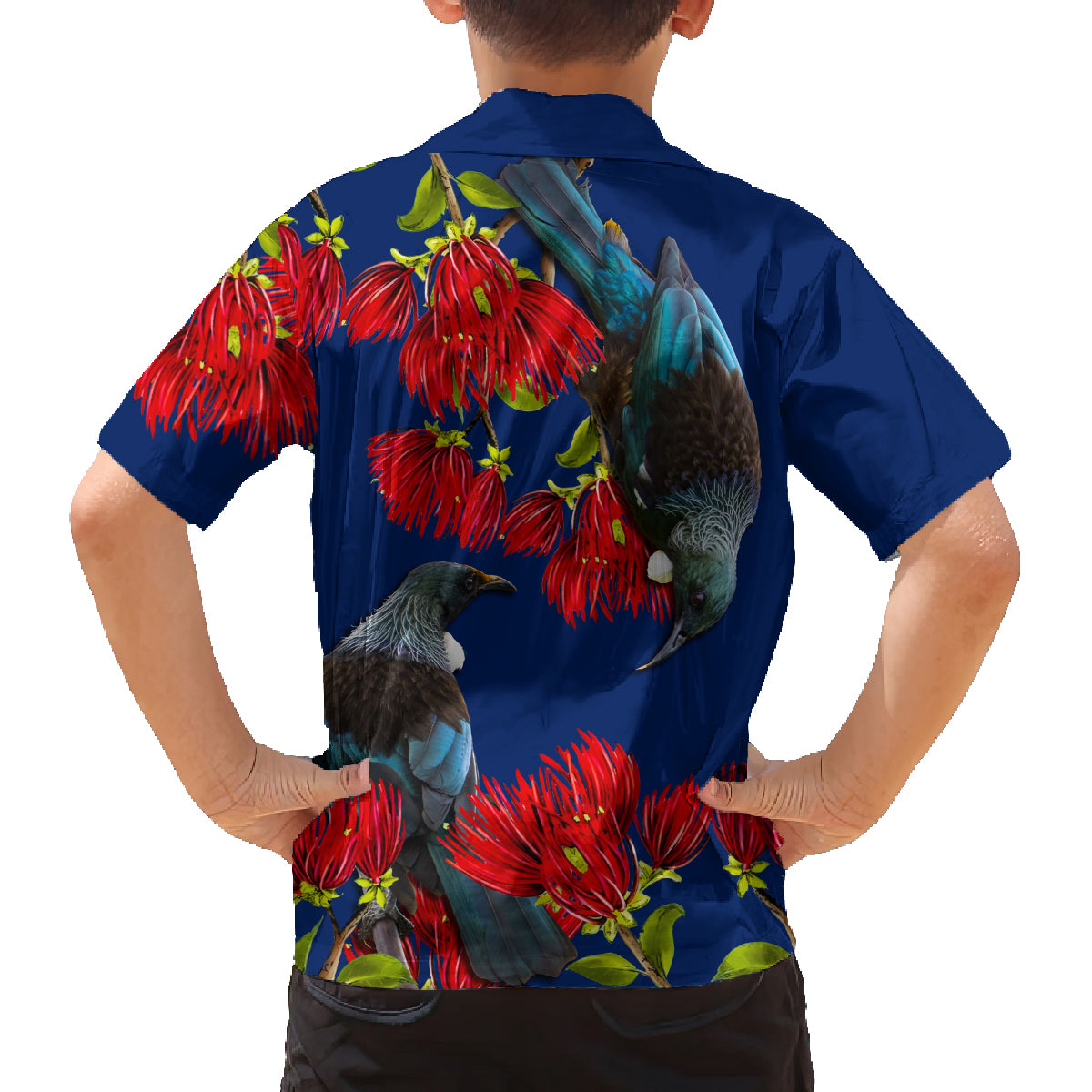New Zealand Pohutukawa with Tui Birds Family Matching Off Shoulder Long Sleeve Dress and Hawaiian Shirt Version 2 LT7 - Polynesian Pride