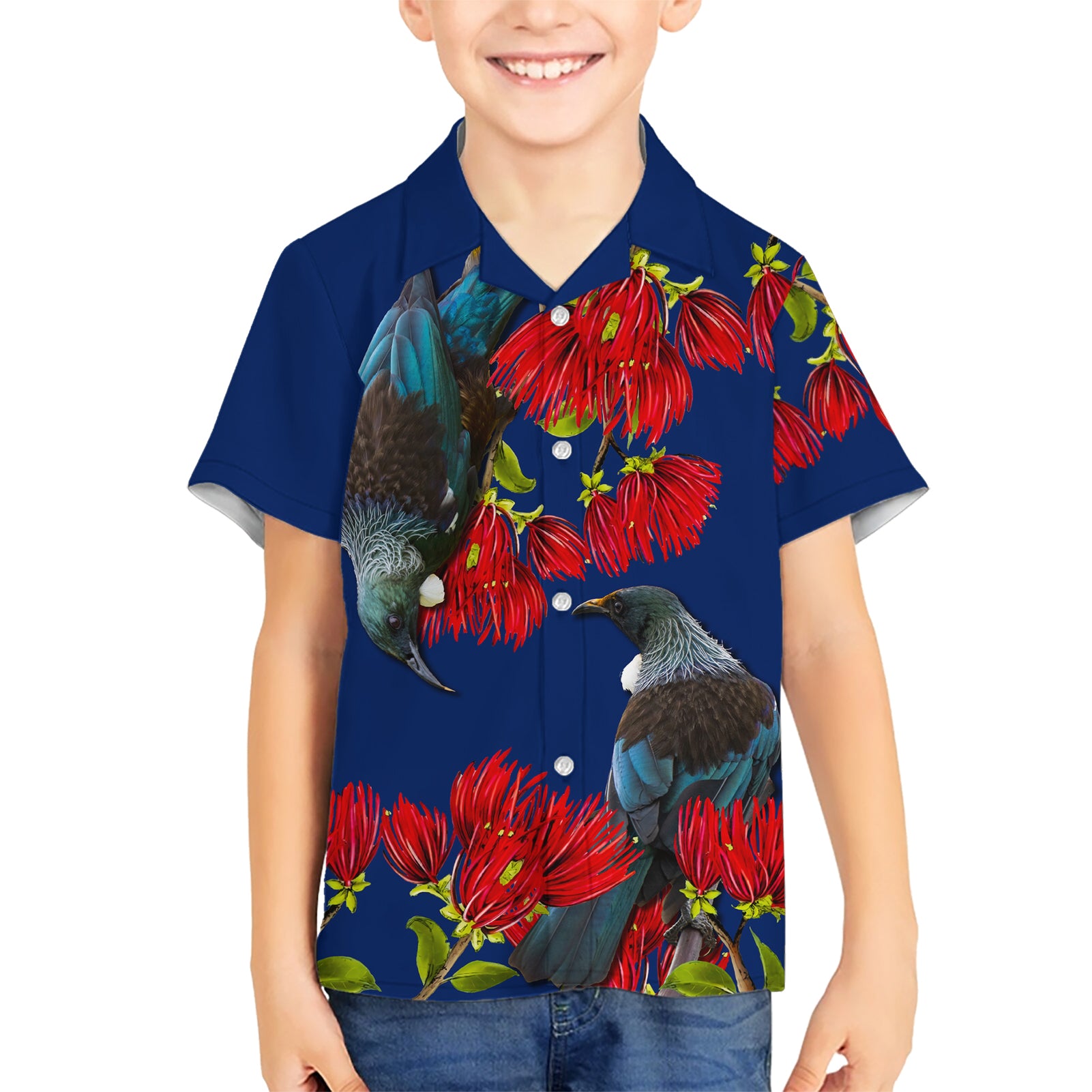 New Zealand Pohutukawa with Tui Birds Kid Hawaiian Shirt Version 2 LT7 Kid Blue - Polynesian Pride