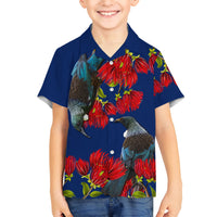 New Zealand Pohutukawa with Tui Birds Kid Hawaiian Shirt Version 2 LT7 Kid Blue - Polynesian Pride