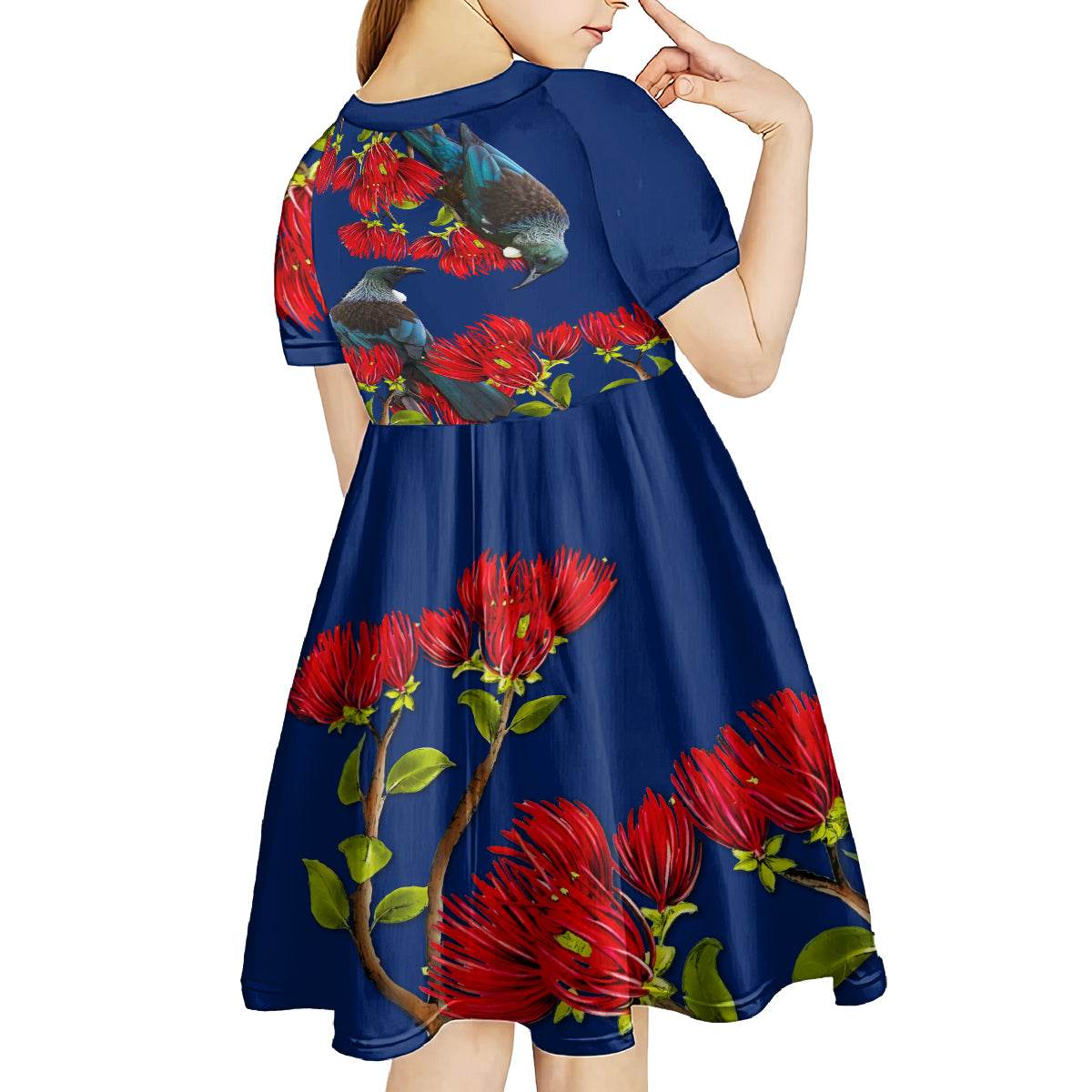 New Zealand Pohutukawa with Tui Birds Kid Short Sleeve Dress Version 2 LT7 - Polynesian Pride