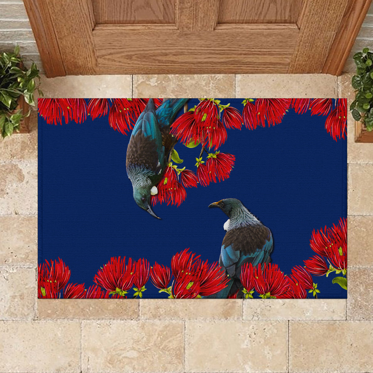 New Zealand Pohutukawa with Tui Birds Rubber Doormat Version 2 LT7 - Polynesian Pride