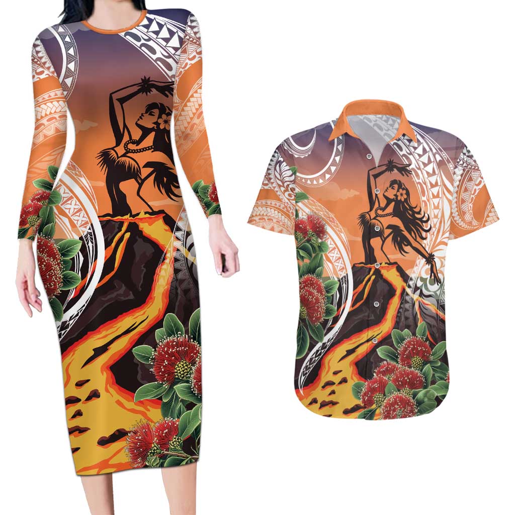 Hawaii Women's Day Tribal Couples Matching Long Sleeve Bodycon Dress and Hawaiian Shirt Pele Honua Mea LT7 Art - Polynesian Pride
