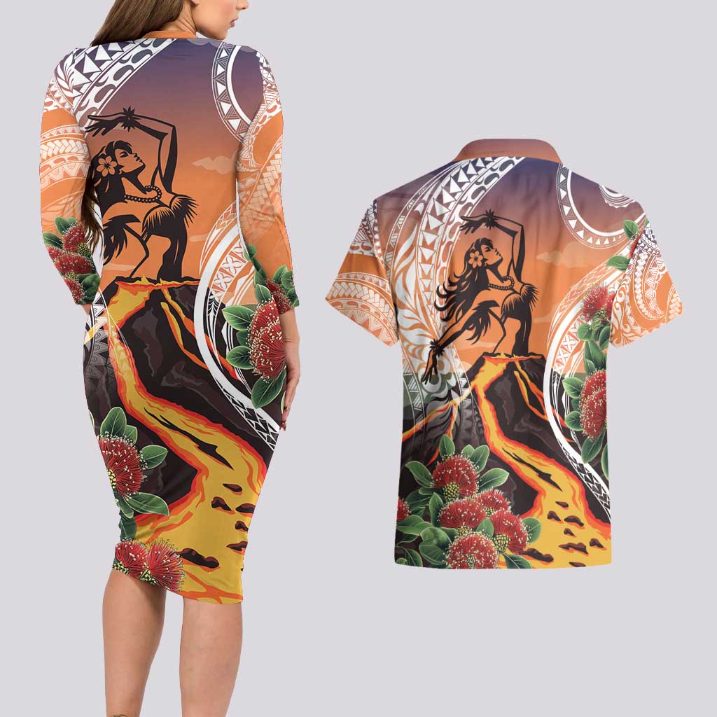 Hawaii Women's Day Tribal Couples Matching Long Sleeve Bodycon Dress and Hawaiian Shirt Pele Honua Mea LT7 - Polynesian Pride