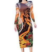 Hawaii Women's Day Tribal Family Matching Long Sleeve Bodycon Dress and Hawaiian Shirt Pele Honua Mea LT7 Mom's Dress Art - Polynesian Pride
