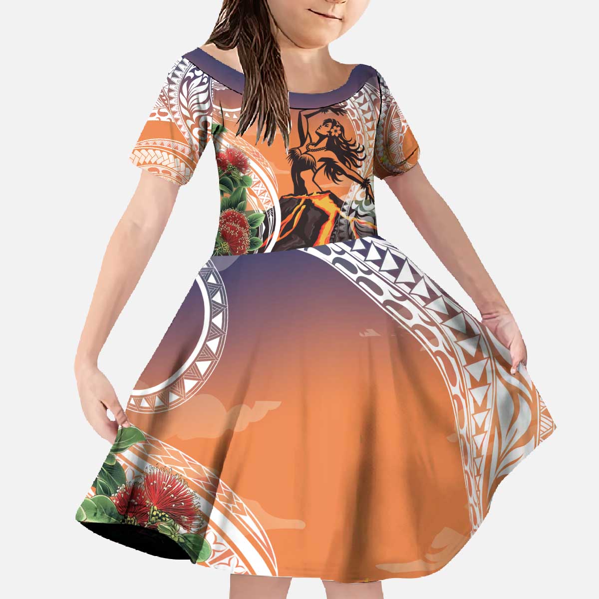 Hawaii Women's Day Tribal Family Matching Off The Shoulder Long Sleeve Dress and Hawaiian Shirt Pele Honua Mea LT7 Daughter's Dress Art - Polynesian Pride