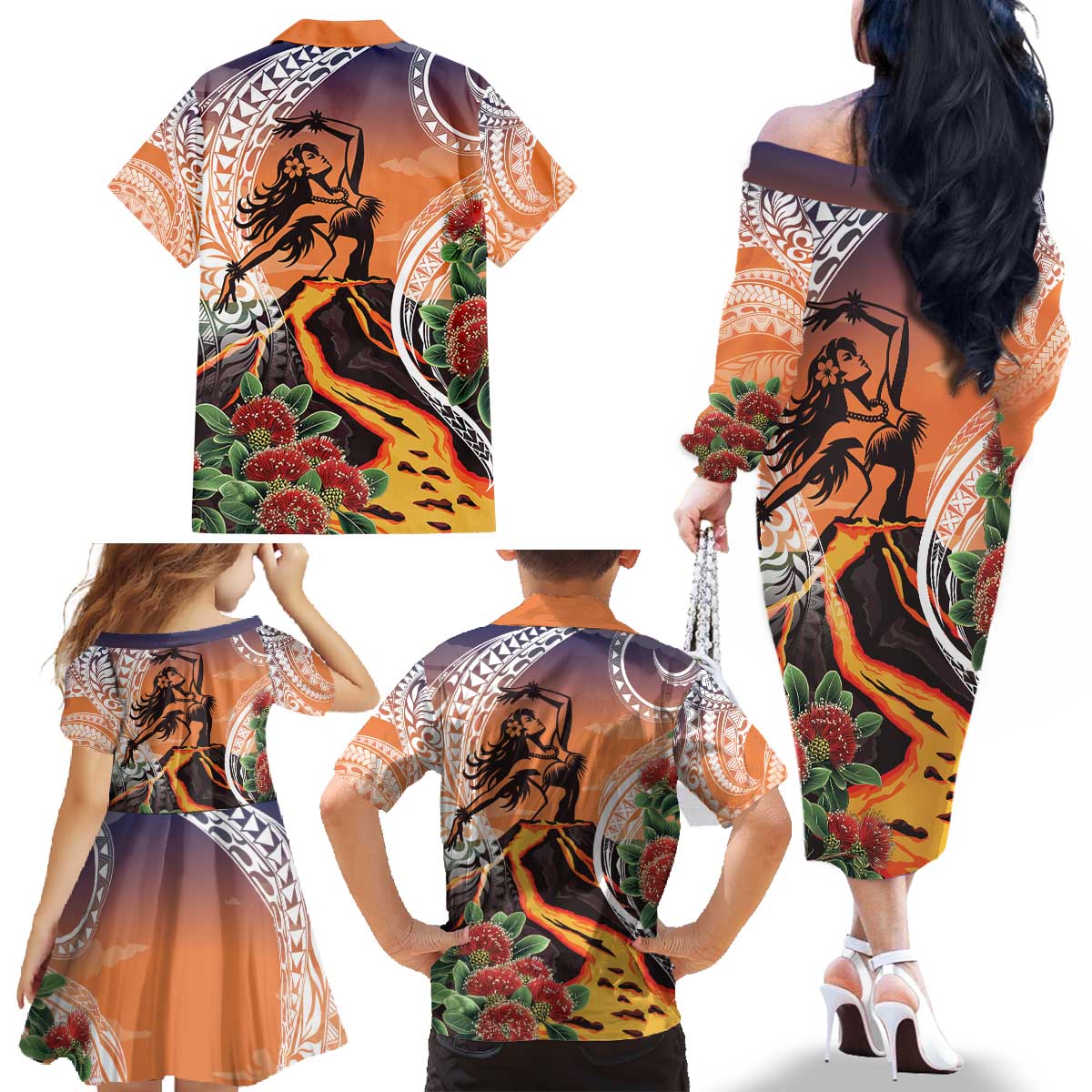 Hawaii Women's Day Tribal Family Matching Off The Shoulder Long Sleeve Dress and Hawaiian Shirt Pele Honua Mea LT7 - Polynesian Pride