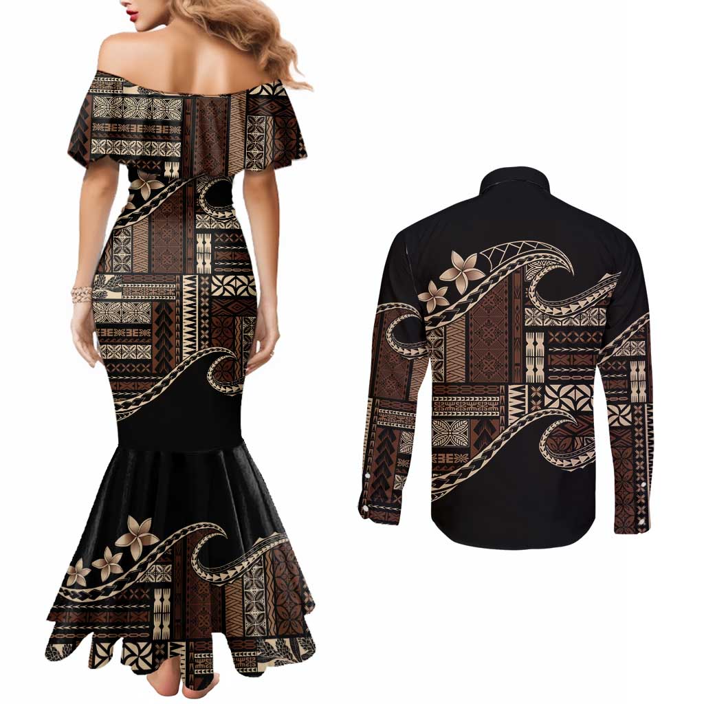 Samoa Siapo Mamanu Couples Matching Mermaid Dress and Long Sleeve Button Shirt Waves Motifs