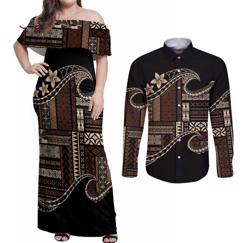 Samoa Siapo Mamanu Couples Matching Off Shoulder Maxi Dress and Long Sleeve Button Shirt Waves Motifs