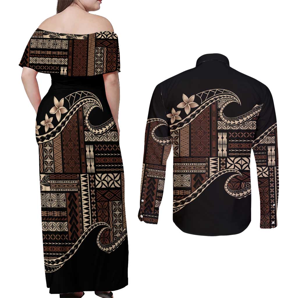 Samoa Siapo Mamanu Couples Matching Off Shoulder Maxi Dress and Long Sleeve Button Shirt Waves Motifs