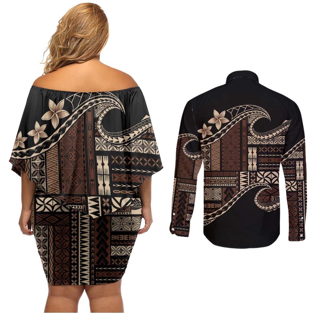 Samoa Siapo Mamanu Couples Matching Off Shoulder Short Dress and Long Sleeve Button Shirt Waves Motifs