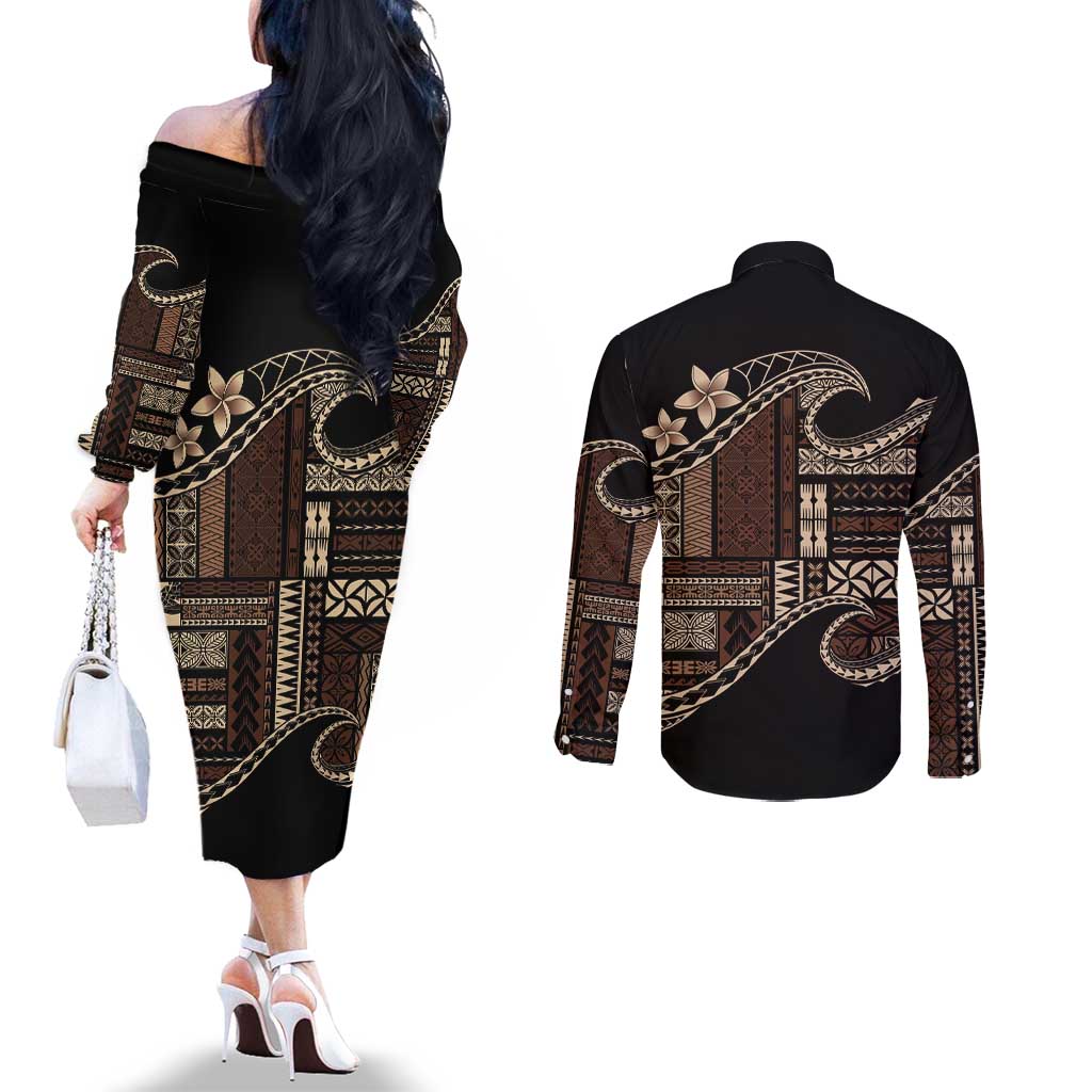Samoa Siapo Mamanu Couples Matching Off The Shoulder Long Sleeve Dress and Long Sleeve Button Shirt Waves Motifs