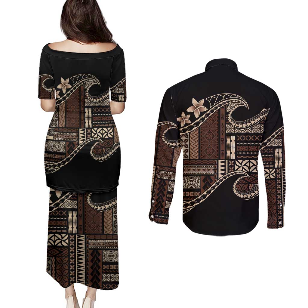 Samoa Siapo Mamanu Couples Matching Puletasi and Long Sleeve Button Shirt Waves Motifs