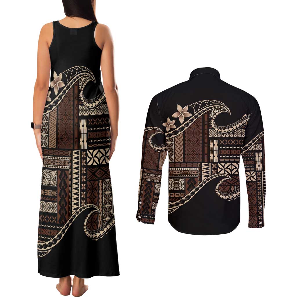 Samoa Siapo Mamanu Couples Matching Tank Maxi Dress and Long Sleeve Button Shirt Waves Motifs