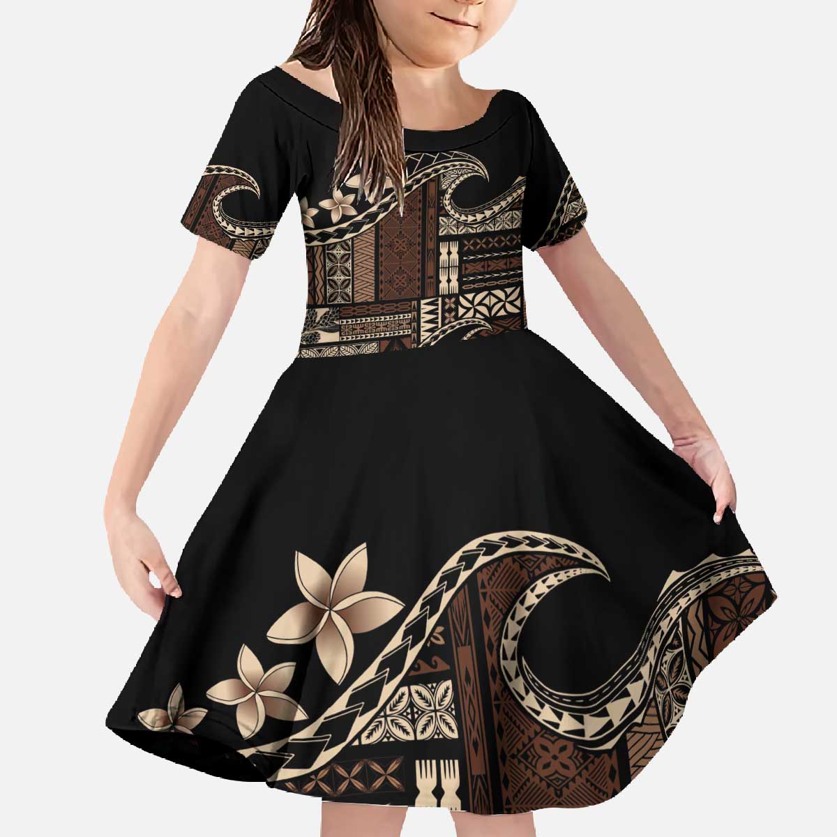 Samoa Siapo Mamanu Family Matching Off The Shoulder Long Sleeve Dress and Hawaiian Shirt Waves Motifs LT7 Daughter's Dress Black - Polynesian Pride