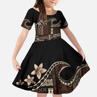 Samoa Siapo Mamanu Family Matching Off The Shoulder Long Sleeve Dress and Hawaiian Shirt Waves Motifs LT7 Daughter's Dress Black - Polynesian Pride