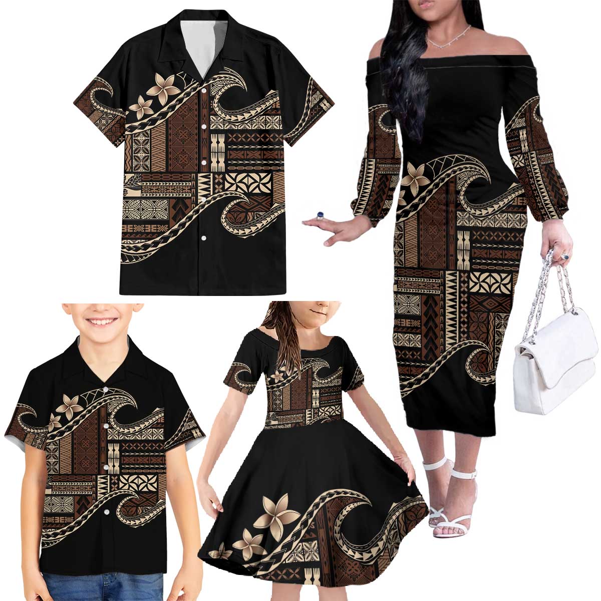 Samoa Siapo Mamanu Family Matching Off The Shoulder Long Sleeve Dress and Hawaiian Shirt Waves Motifs LT7 - Polynesian Pride