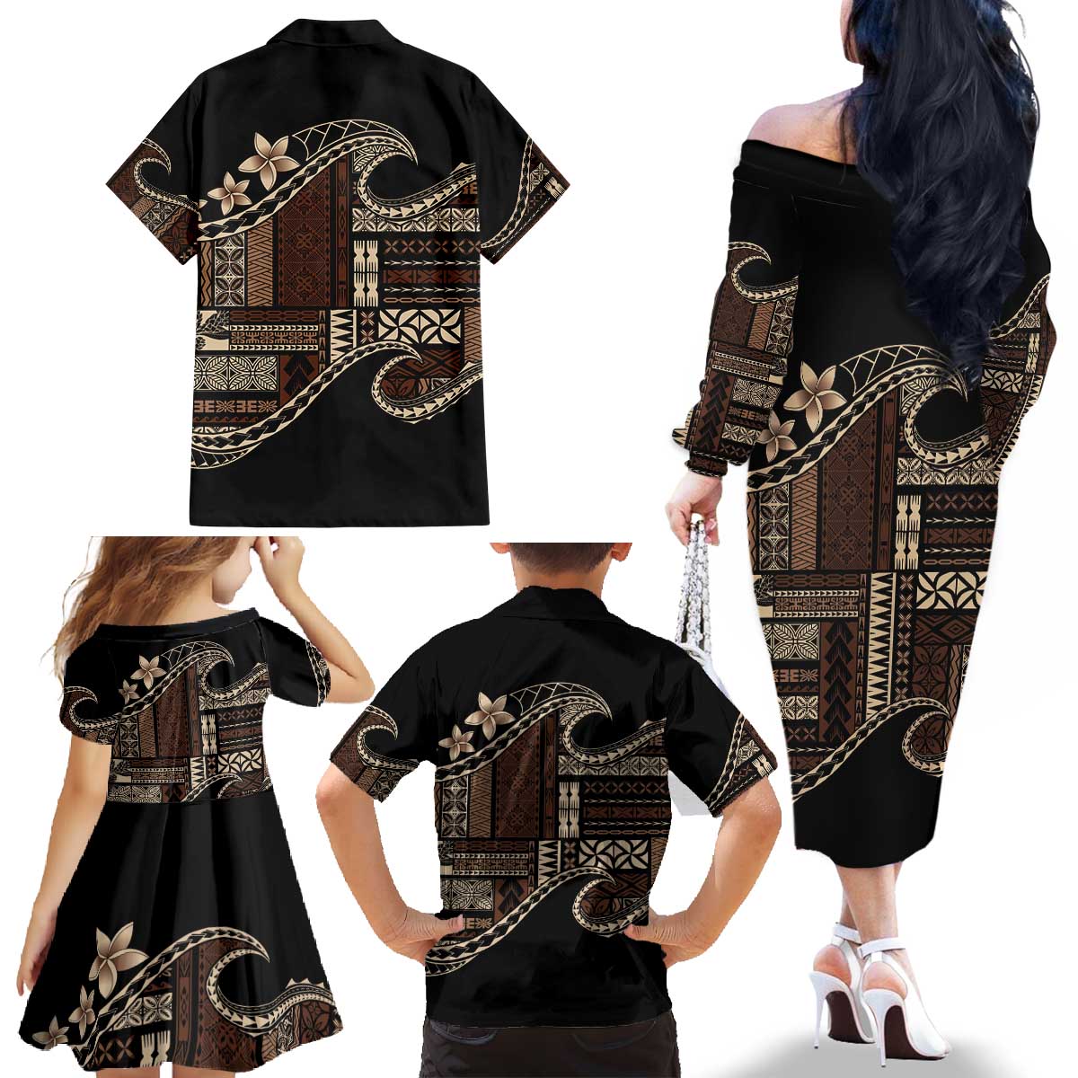Samoa Siapo Mamanu Family Matching Off The Shoulder Long Sleeve Dress and Hawaiian Shirt Waves Motifs LT7 - Polynesian Pride