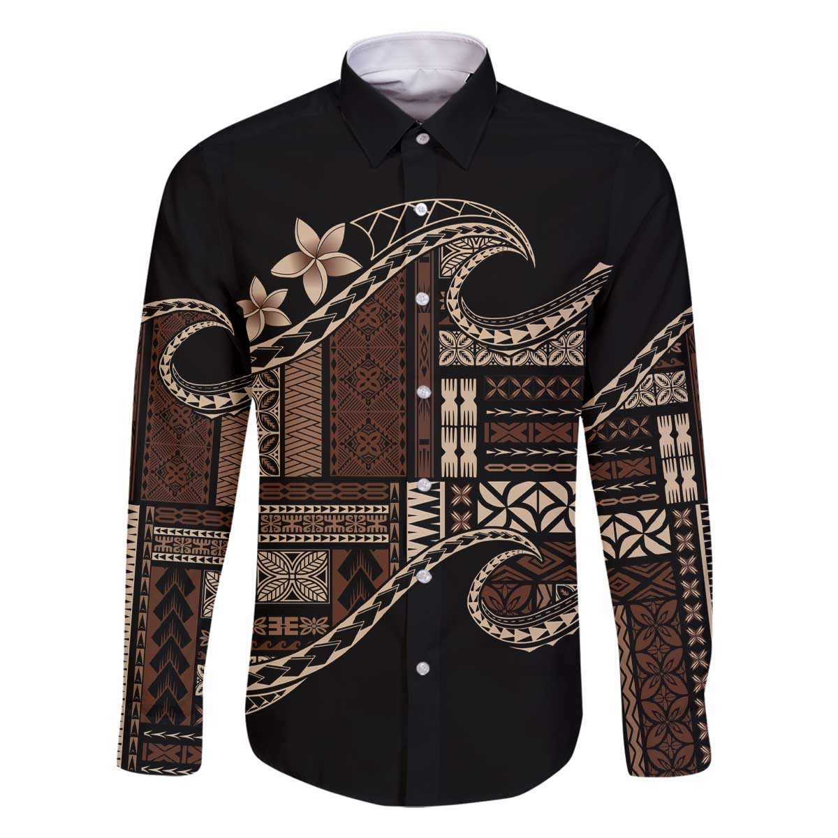 Samoa Siapo Mamanu Family Matching Off The Shoulder Long Sleeve Dress and Hawaiian Shirt Waves Motifs LT7 Dad's Shirt - Long Sleeve Black - Polynesian Pride