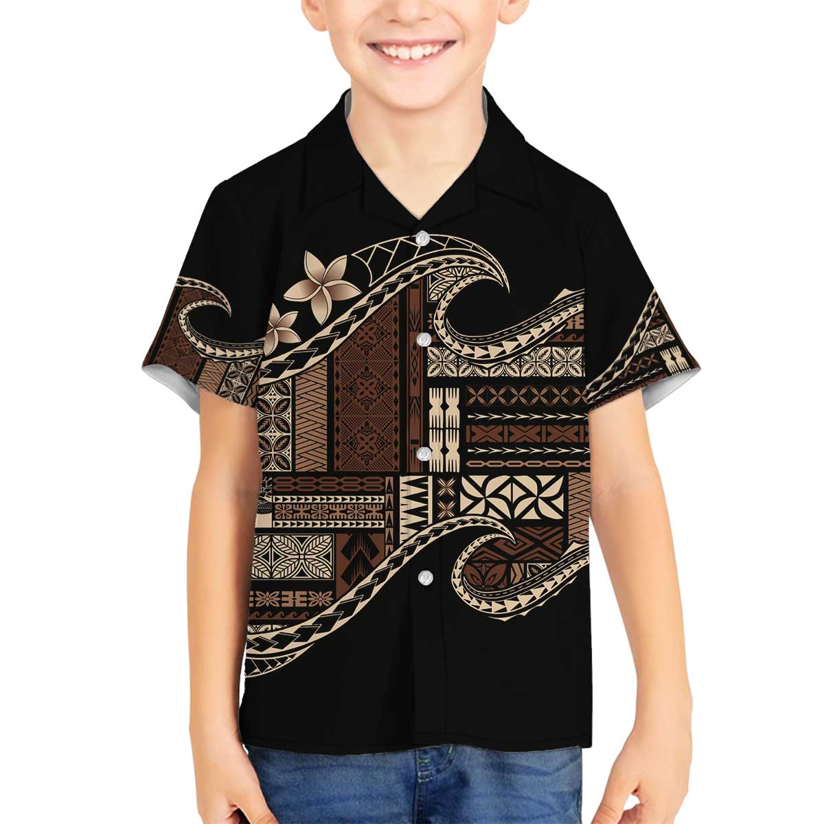 Samoa Siapo Mamanu Family Matching Off The Shoulder Long Sleeve Dress and Hawaiian Shirt Waves Motifs LT7 Son's Shirt Black - Polynesian Pride