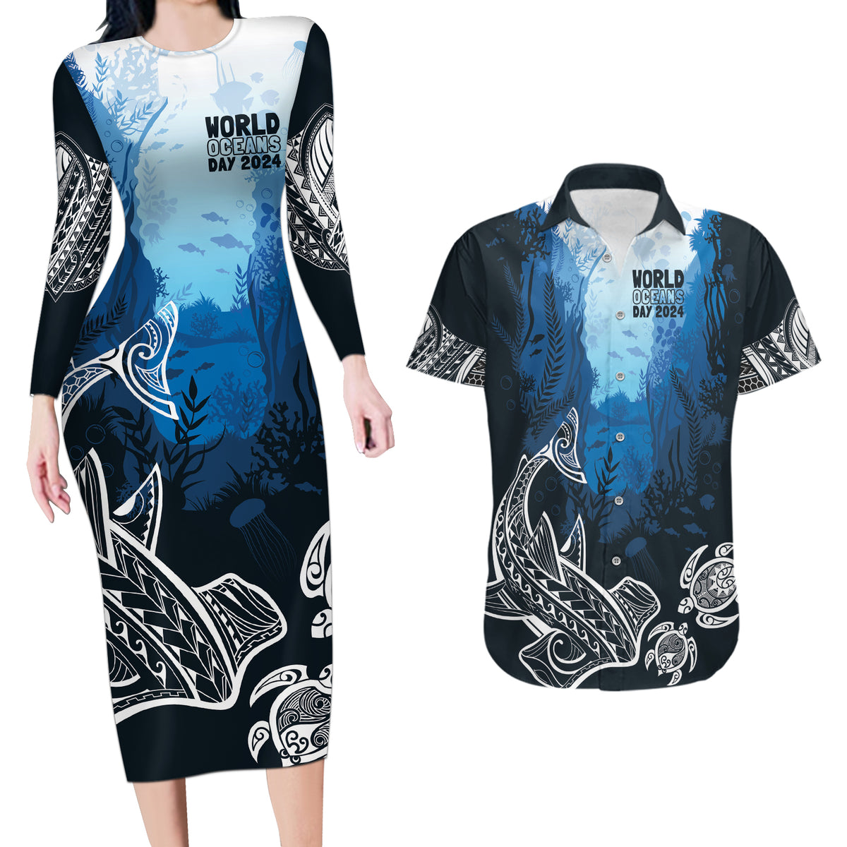 World Ocean Day Pasifika Couples Matching Long Sleeve Bodycon Dress and Hawaiian Shirt Awaken New Depths LT7 Blue - Polynesian Pride