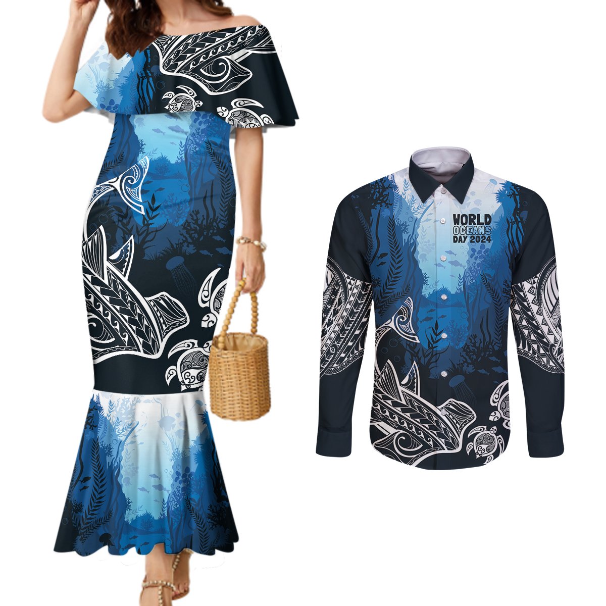 World Ocean Day Pasifika Couples Matching Mermaid Dress and Long Sleeve Button Shirt Awaken New Depths